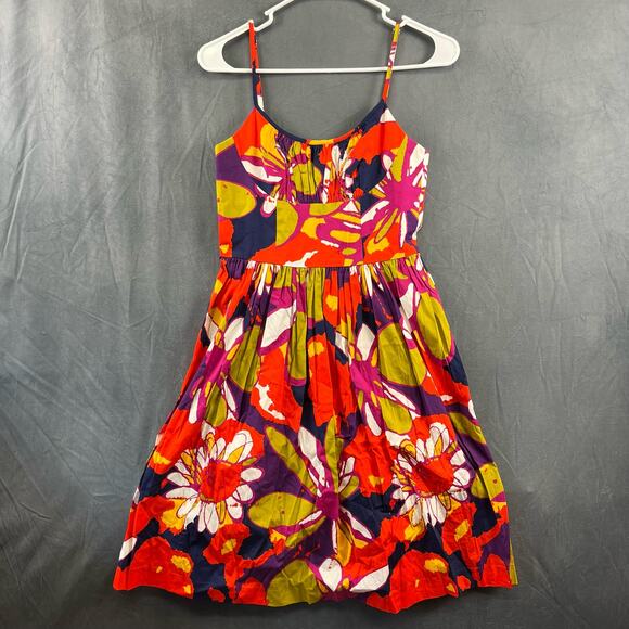 Trina Turk Amalfi Dress Tomato Spaghetti Strap Pleats Abstract Floral Mini Dress - Picture 1 of 8